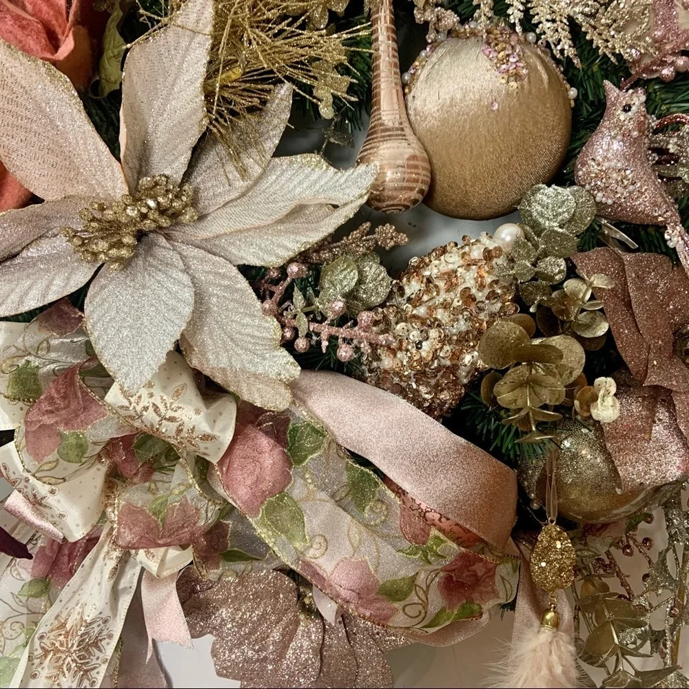Rose Gold Blush Christmas Poinsettias Door Wall Wreath Romantic Victorian Wreath